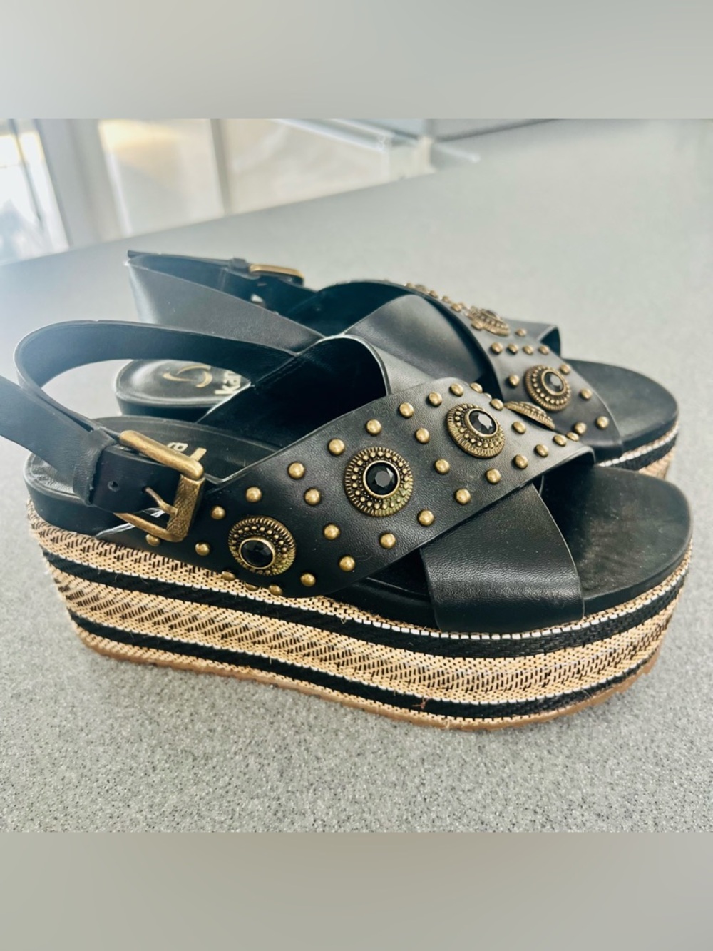 Stunning Kanna Black Studded Espadrille Platform Sandals